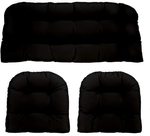 RSH Decor Indoor Outdoor 3 Piece Tufted Wicker Settee Cushions 1 Loveseat & 2 U-Shape Weather Resistant - Choose Color (Black, 2- 19"x19" 1- 41"x19"), 3 Piece Set - color: Black, size: 41" x 19" & 2 - 19" x 19"