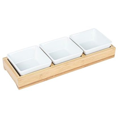 Restaurantware-6 Ounce Bowl Set with Tray - 1 Dishwashable Serving Set, Includes 3 Porcelain Bowls And 1 Bamboo Tray, Durable, White Porcelain And Bamboo Bowl And Platter Kit, Reusable, Freezable - size: Triple set, style: Modern