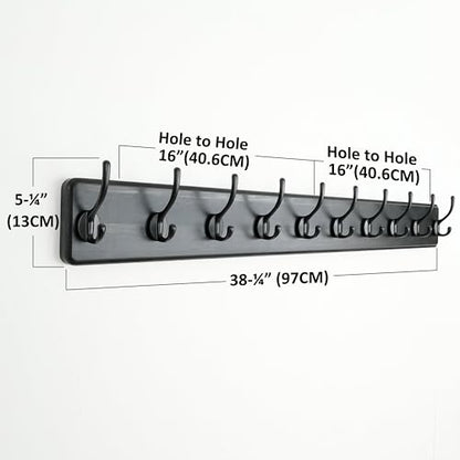 Wall Mounted Coat Rack: 38-1/4" Long, Patented, Heavy-Duty, 10-Double-Hooks Wooden Hanger Rail for Winter Coats, Hats, Jackets, Clothing - Black, Pack of 2 - color: Black, size: L=38.3"(2pcs)