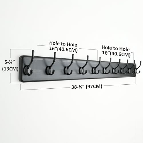 Coat Rack Wall: 38-1/4" Long, Patented, Heavy-Duty, 10-Double-Hooks Wooden Wall Mounted Coat Rack Coat Hanger Hook Rail for Winter Coats Hat Jacket Clothing, Black - color: Black, size: L=38.3"(1pcs)