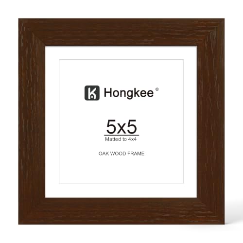 Hongkee 5x5 Oak Wood Picture Frame 1 Pack(Matted 4x4) with Real Glass Cover | Walnut, 5 x 5 Solid Wood Frame for Wall or Tabletop Display - Includes Easel Back, Vertical Hang - Ideal for Home, Office - color: Walnut, size: 5X5 in