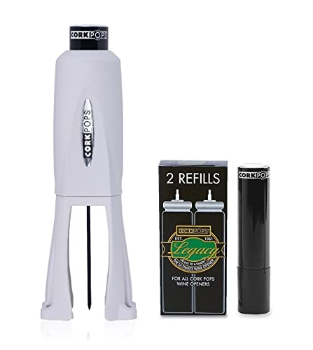 Cork Pops Legacy Wine Opener Built-in 4-Blade Foil Cutter Safe Cork Removal, Effortless Push Button Use, Needle Guard for Safety, Low-Pressure Cartridge Opens Up To 60 (Gray, With 3 Cartridges) - color: Gray, size: 3 Cartridges