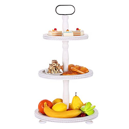 Urban Deco Wooden Tiered Tray 3-Tier Decorative Tray Stand Farmhouse Serving Tray, Round Wooden Cupcake Display Stand with Metal Handle, White Tiered Fruits Tray for Home Party Decorations - style: 3 tier-white