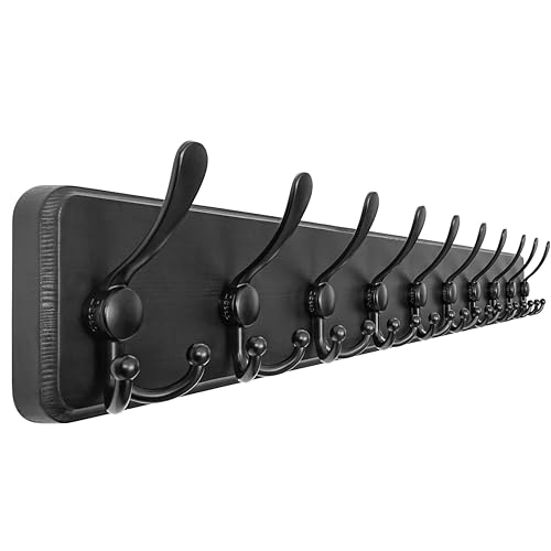 Coat Rack Wall - Heavy-Duty 38-1/4" Long, with Reinforced 10 Custom Tri-Hooks, Solid Wood Wall Hanger for Coats Hat Jackets - Rustic Farmhouse Entryway Hallway Storage, Black - color: Black, size: L=38.3"