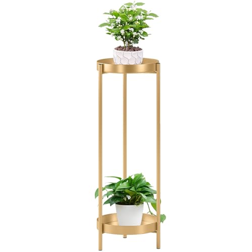 Metal Gold Tall Plant Stand Indoor or Outdoor - 30 inch 2 Tier Modern Corner Planter Shelf Rack with 2 Removable Display Shelves(10 inch) for Bedroom Living Room Balcony - color: Gold