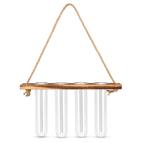 Wall Hanging Plant Terrarium, 4 Test Tube Propagation Station, Glass Planter for Propagating Hydroponic Plants, Mini Flower Vase with Wooden Stand, Home Garden Wedding Decoration (Retro Color) - color: Retro Color