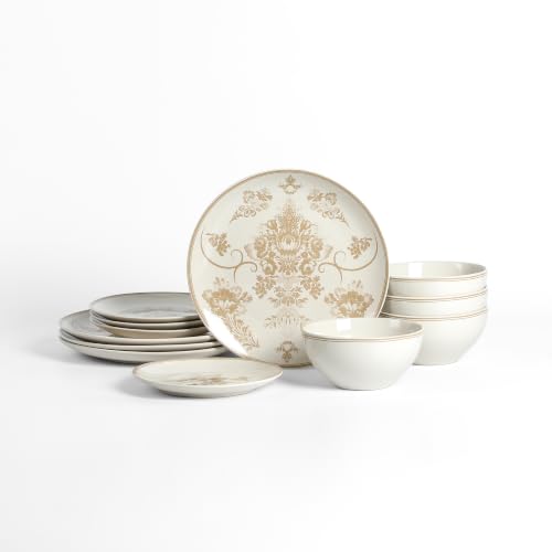 Stone Lain Opal 12-Piece Stoneware Dinnerware Set, Dinner Plates, Salad Plates & Bowls, Service for 4, Dishwasher & Microwave Safe, Beige - color: Beige, size: 12-Piece, Service for 4