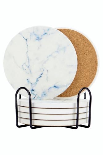 Ceramic Drink Coasters Set of 6 with Holder, Absorbent Coasters with Cork Backing for Coffee Table, Surface Protection, Home Decor and Housewarming Gift (White Marble Vein) - color: White Marble Vein