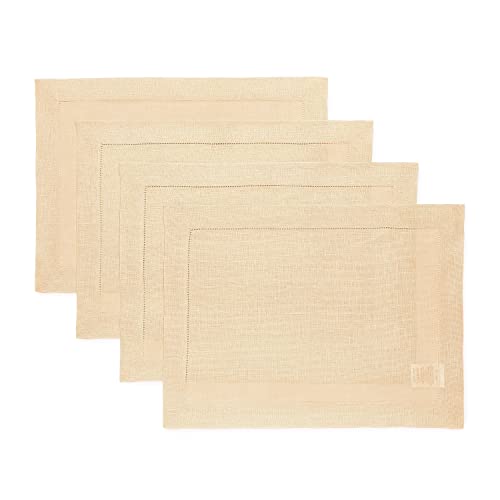Solino Home 100% Pure Linen Placemats Beige Hemstitch, 14 x 19 in, Set of 4 | Classic Hemstitch Place Mats place settings for daily dining | hand hemstitched borders, artisan crafted | OEKO-TEX Certified - color: 05: Beige, size: 14" X 19" (Set of 4)