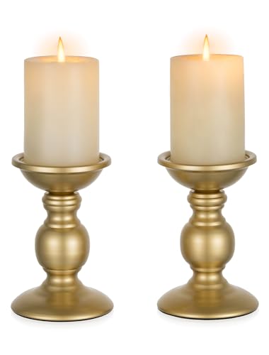NUPTIO Gold Pillar Candle Holders: Brass Table Centerpiece for 3" Candles | (2 x S) Vintage Metal Decor for Fireplace, Gifts for Christmas Wedding Party Home Spa Reiki Votive Candle - color: Gold, size: S + S