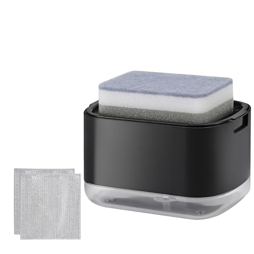 Kitchen Dish Soap Dispenser with Sponge Holder, 2-in-1 Countertop Soap Pump Dispenser, Soap Dispenser for Kitchen Sink with 2-Packs Wire Dishwashing Rag,Black - color: Black (2-in-1)