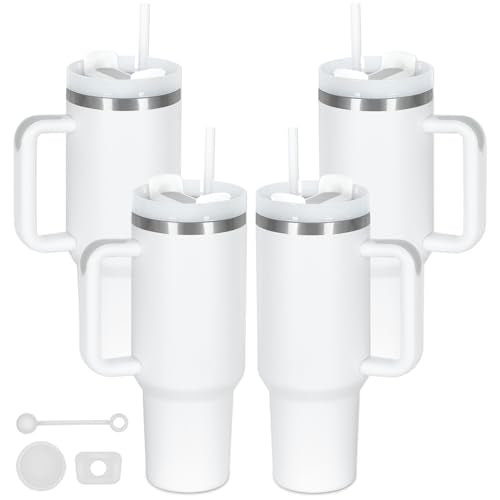 4 Pack 40 Oz Tumbler with Handle Bulk, Double Wall Vacuum Insulated Stainless Steel Tumbler with Lid and Straw, 40 oz cup with Silicone Spill Proof Stopper Set (White) - color: White