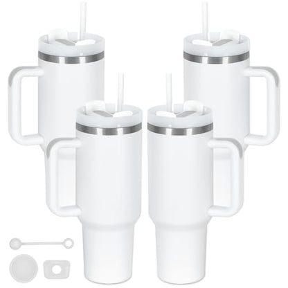 4 Pack 40 Oz Tumbler with Handle Bulk, Double Wall Vacuum Insulated Stainless Steel Tumbler with Lid and Straw, 40 oz cup with Silicone Spill Proof Stopper Set (White) - color: White