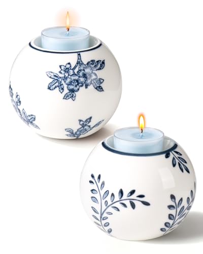 Ceramic Tealight Candle Holder, Candlestick Holder, Set of 2 | Magclay Chinoiserie Candlestick Holder for Taper Candle, Blue and White Decor, Flowers and Branches/Leaf - color: Flowers and Branches + Leaf