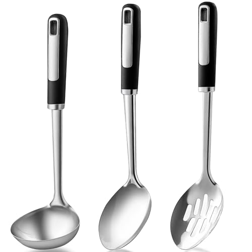 Stainless Steel Serving Spoon Set with Heat-Resistant Handles,3-Piece | Includes a serving spoon, slotted spoon, and deep soup ladle with ergonomic heat-resistant handles for cooking and serving.