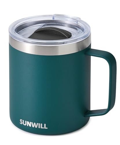 SUNWILL Travel Coffee Mug with Lid, Insulated Cup with Handle, 14 oz Stainless Steel Tumbler for Camping, Office, Outdoor, Powder Coated Dark Green - color: Powder Coated Dark Green