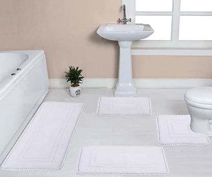 Home Weavers Casual Elegance Reversible Bathmat 100% Cotton Bathroom Rugs Set, Washable Rug, Extra Soft and Absorbent Bath Rug, Kitchen Mat, Bath Mat Set, Non Slip Mat, 4 Piece Set with Runner, White - color: White, size: 1'9" x 4'6" (Rectangle, Contour)