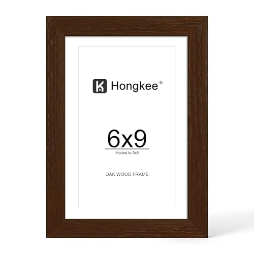 Hongkee 6x9 Oak Wood Picture Frame, Display Photos 5 x 8 with Mat or 6 x 9 without Mat - Tempered Glass Cover, Horizontal and Vertical Display for Wall or Tabletop (Walnut, Set of 1) - color: Walnut, size: 6X9 in