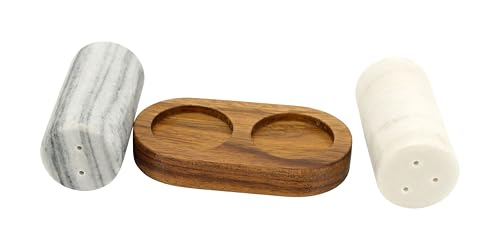 Elegant Marble Salt and Pepper Shaker Set with Acacia Wood Holder - Real Grey and White Marble Cylindrical Shakers for Kitchen Shelf, Table or Spice Rack - 1.75” x 3.75” Each