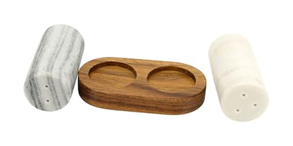 Elegant Marble Salt and Pepper Shaker Set with Acacia Wood Holder - Real Grey and White Marble Cylindrical Shakers for Kitchen Shelf, Table or Spice Rack - 1.75” x 3.75” Each