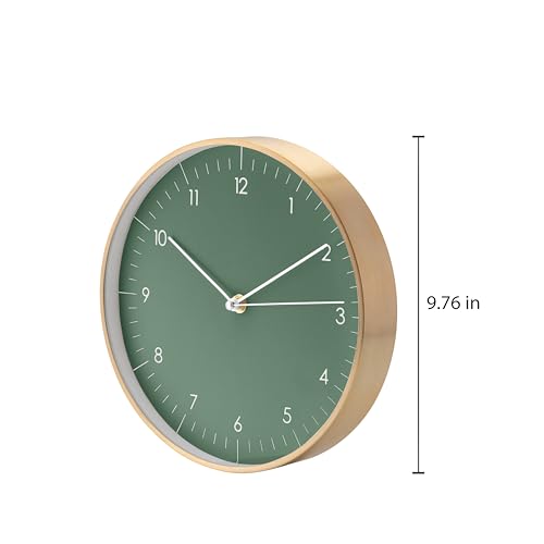 Modern Silent Quartz Wall Clock, 10in, Dark Green & Gold | Designed in Germany, Simple & Elegant, Non-ticking, Analog, Battery operated, Housewarming gift, for Living room, Bedroom - color: Dark Green, 10"