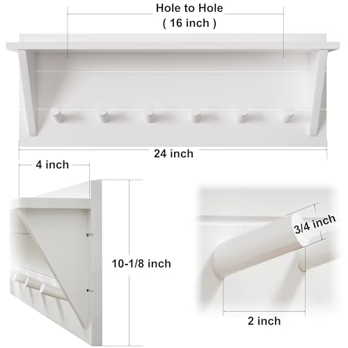 WEBI Coat Rack Wall Mount with Shelf,24" Long Entryway Wall Shelf with Hooks Underneath,6 Peg Hooks for Hanging Coats,Caps,Jacket,Clothes,White - color: White, size: 24 Inch