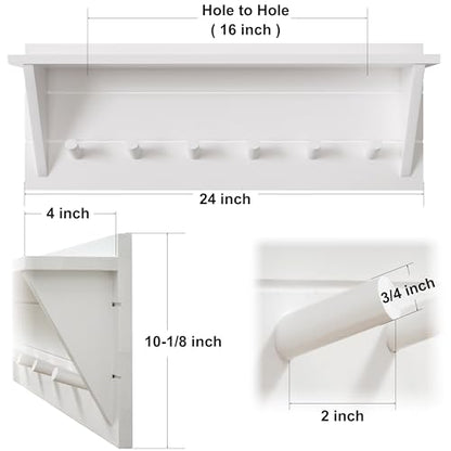 WEBI Coat Rack Wall Mount with Shelf,24" Long Entryway Wall Shelf with Hooks Underneath,6 Peg Hooks for Hanging Coats,Caps,Jacket,Clothes,White - color: White, size: 24 Inch
