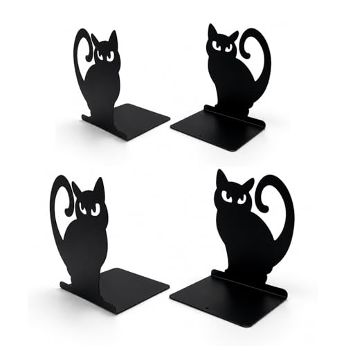 Black Cat Metal Bookends Set of 4 for Shelves, Decorative Book Ends Heavy Duty Non Slip Book Holder for Bookshelf Home Office Desk Decor, Cute Gothic Bookends for Cat Lovers Readers - color: Cats