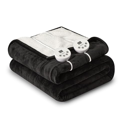 Heat Blanket 84”x90” Queen Size-Dual Control,Soft Flannel & Sherpa Reversible Electric Blanket with 10 Heat Settings,12 Timer Setting and 8 Hours Auto-Off,ETL Certified Machine Washable,Black - color: Black, size: 84*90in