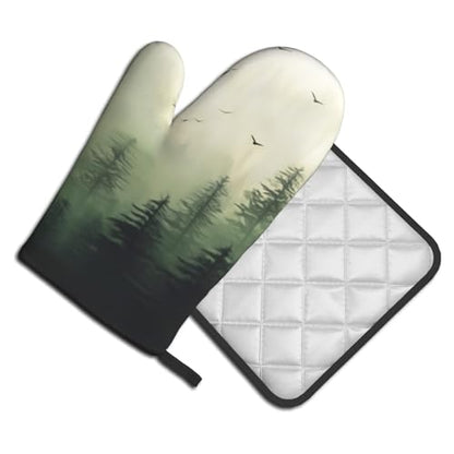 Giwawa Green Misty Forest Oven Mitts and Pot Holder Set of 2 Mountain Woodland Heat Resistant Kitchen Gloves Hot Pad for Baking Cooking Microwave - color: Green Forest