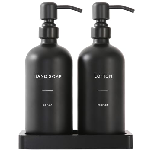 Prus Waso Black Soap Dispenser Bathroom Set | Soap and Lotion Dispenser Set with Stainless Steel Pump, Perfect for Bathroom Decor - color: Black Pump & Black Bottle