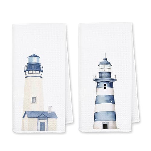 Coastal Lighthouse Hand Towels Set of 2, 16x24 Inches Soft Absorbent Kitchen & Bathroom Towels, Nautical Beach Theme Decorative Dish Towels for Coastal Home Decor - color: White-coastal Lighthouse