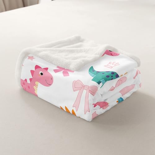 Cute Dino Kids Fleece Blanket,Kawaii Bowknot Heart Princess Style Throw Blanket for Adult,Pink Blue Dinosaur Cartoon Animal Lightweight Polyester Sofa Sherpa Blanket, Queen (90 x 90 Inch) - color: 01 White Pink, size: Queen