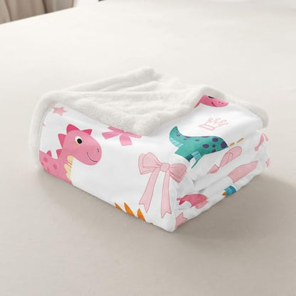 Cute Dino Kids Fleece Blanket,Kawaii Bowknot Heart Princess Style Throw Blanket for Adult,Pink Blue Dinosaur Cartoon Animal Lightweight Polyester Sofa Sherpa Blanket, Queen (90 x 90 Inch) - color: 01 White Pink, size: Queen