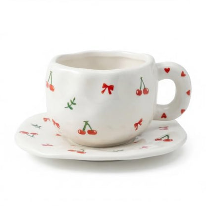 TREEWOO Hand Painted Cherry Ceramic Coffee Cup and Saucer Set, 300ml/10 oz, Korean Style, Hand Pinched Irregular Cappuccino Latte Tea Cup - color: Cherry