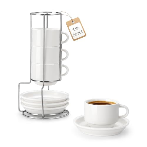 MALACASA 4 OZ Porcelain Espresso Cups with Saucers and Metal Stand Set of 4, Stackable Cappuccino Cups, White Expresso Shots Cup Set for Coffee Drinks, Latte, Tea - color: White, size: 4 Oz