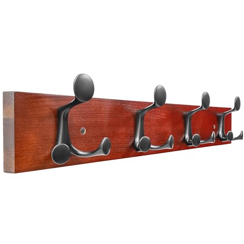 SKOLOO 24-Inch Cherry Wood Coat Rack Wall Mount with 4 Triple Hooks - Ideal for Family Entrances, Classrooms, and Pet Supplies Storage - Perfect Coat Hooks for Wall - color: Cherry, size: 24 inch with 4 hooks
