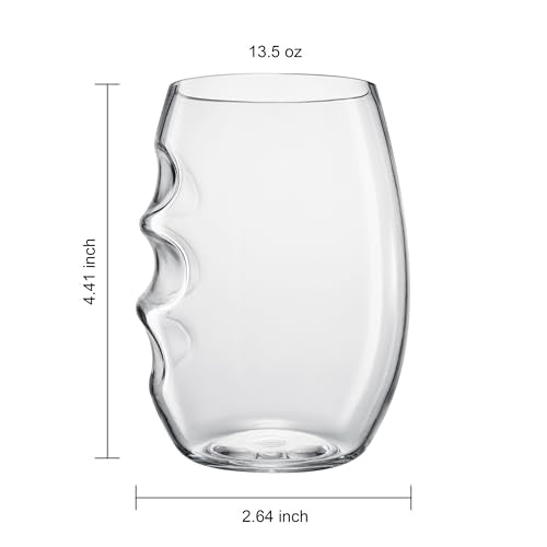 Unbreakable European Plastic Crystal, Stemless Wine Glasses | Set of 4, 13.5 OZ | Acrylic Tritan Set with 3-Finger Indentations - Clear Short Tumbler Set, BPA Free, Reusable, Naturally Aerates Wine - color: Clear, size: Set of 4