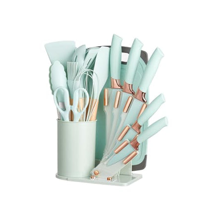 Kitchen Cooking Utensils and Knife Set with Block, 19 Pieces Cooks Cutting Set 11 Silicone Utensils Tool 5 Pcs Sharp Stainless Steel Chef Knives Scissors Whisk Tongs and Cutting Board (Light Green) - color: Light Green