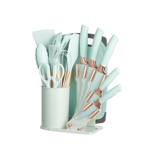 19 Pieces Kitchen Cooking Utensils and Knife Set with Holder Block, Include 11 Pcs Silicone Cooking Utensils 5 Pcs Sharp Stainless Steel Knives Scissors Whisk Tongs and Cutting Board (LIGHT BLUE) - color: Light Green