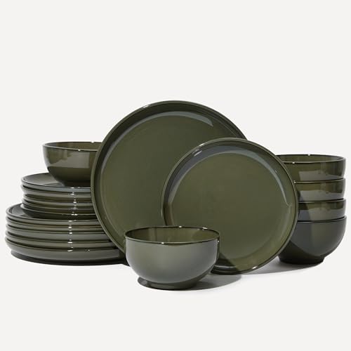 18 Piece Dinnerware Set for 6, Reactive Glaze Terracotta Plates and Bowls Set, Large Family-Sized Stoneware Dish Set for Gatherings, Chip and Scratch Resistant, Blackish Green - color: Blackish Green, size: 18pcs (for 6)