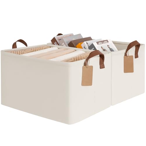 CHICVITA Extra Large Fabric Storage Baskets, Metal Frame, 2-Pack, Beige | 45L, 19" L x 13" W x 11" H, Collapsible Design, Toys, Blankets & Clothes Storage, Closet, Bedroom & Living Room Organization - color: Beige, size: 19" L x 13" W x 11" H