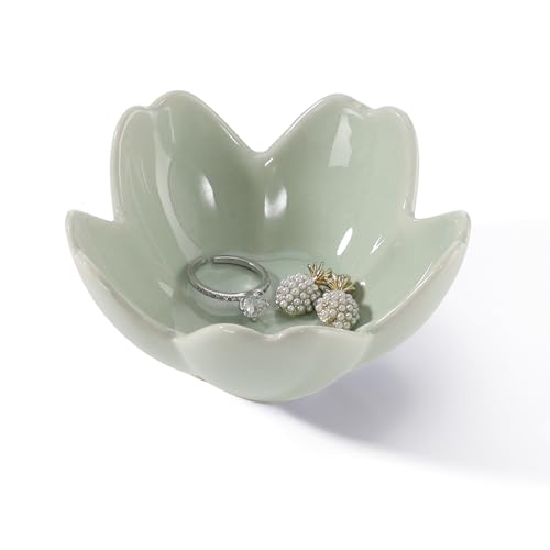 Flower Ring Dish Holder,Jewelry Dish Tray,Small Trinket Tray,Jewelry Plate Bowl,Key Bowl,Decorative Plate,Mothers Day Birthday Gifts for Women Mom Friends,Ceramic Kiln effect Green - color: Kiln effect Green