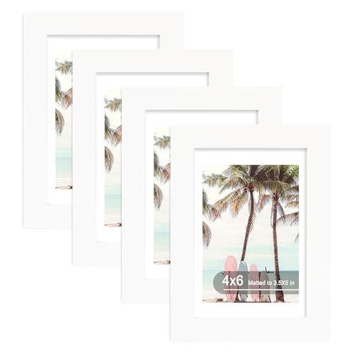 Hongkee 4x6 Picture Frame (4 Pack, White), Made of Real Glass and Wooden Frame - Display Pictures 3.5x5 with Mat or 4x6 Without Mat, 4 by 6 Photo Frames TableTop Display and Wall Mounting - color: White, size: 4x6 in