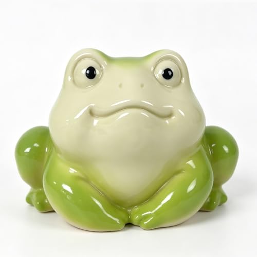 Cute Chubby Frog Statue Decor, 4.1 Inch Handcrafted Glazed Ceramic Figurine for Planter, Aquarium & Window Sill, Small Animal Ornament for Desk/Garden
