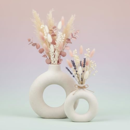 DESI SAMAAN Store Unique White Ceramic Donut Vases | Decorative Donut Vase for Dried Flowers & Pampas Grass (Set of 2) (6 & 8 Inch (Donut VASE)) - size: 6 & 8 Inch ( DONUT VASE )