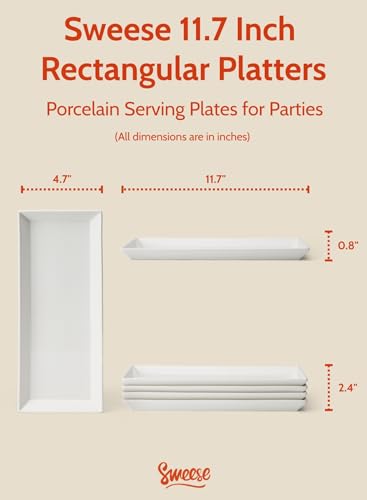 Sweese Porcelain Serving Platters 11.7 Inch - Elegant White Rectangular Plates, Set of 4 for Parties, Sushi, Appetizers - size: 11.7 Inch