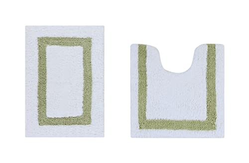 Better Trends 100% Cotton Hotel Collection Bath Mats Set, White & Sage Mats - Tufted, Reversible & Absorbent & Machine Washable 2 Piece Bathroom Rug Set, Toilet Base & Sink Bath Mat Rug - color: White & Sage, size: 2 Piece Set (17" x 24" | 20" x 20")