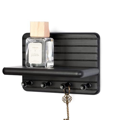 Rebee Vision Key Holder Wall Mount with 4 Key Hooks for Room Decor, Black | Pine Wood, Key Holder for Wall, Mini Floating Shelf, Mail Organizer, Plant Display, Small-Space Storage, Neat Home Essential - color: Black, size: Small-7inch