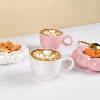 Koythin 6.5oz Sunflower Saucer Mini Ceramic Mug, Pearl White Tea Latte Cup | 200ml Small Compact Cup, Dual Safe Ceramic; Vanity Table Decor, Light Beverage Cup - color: Pearl White